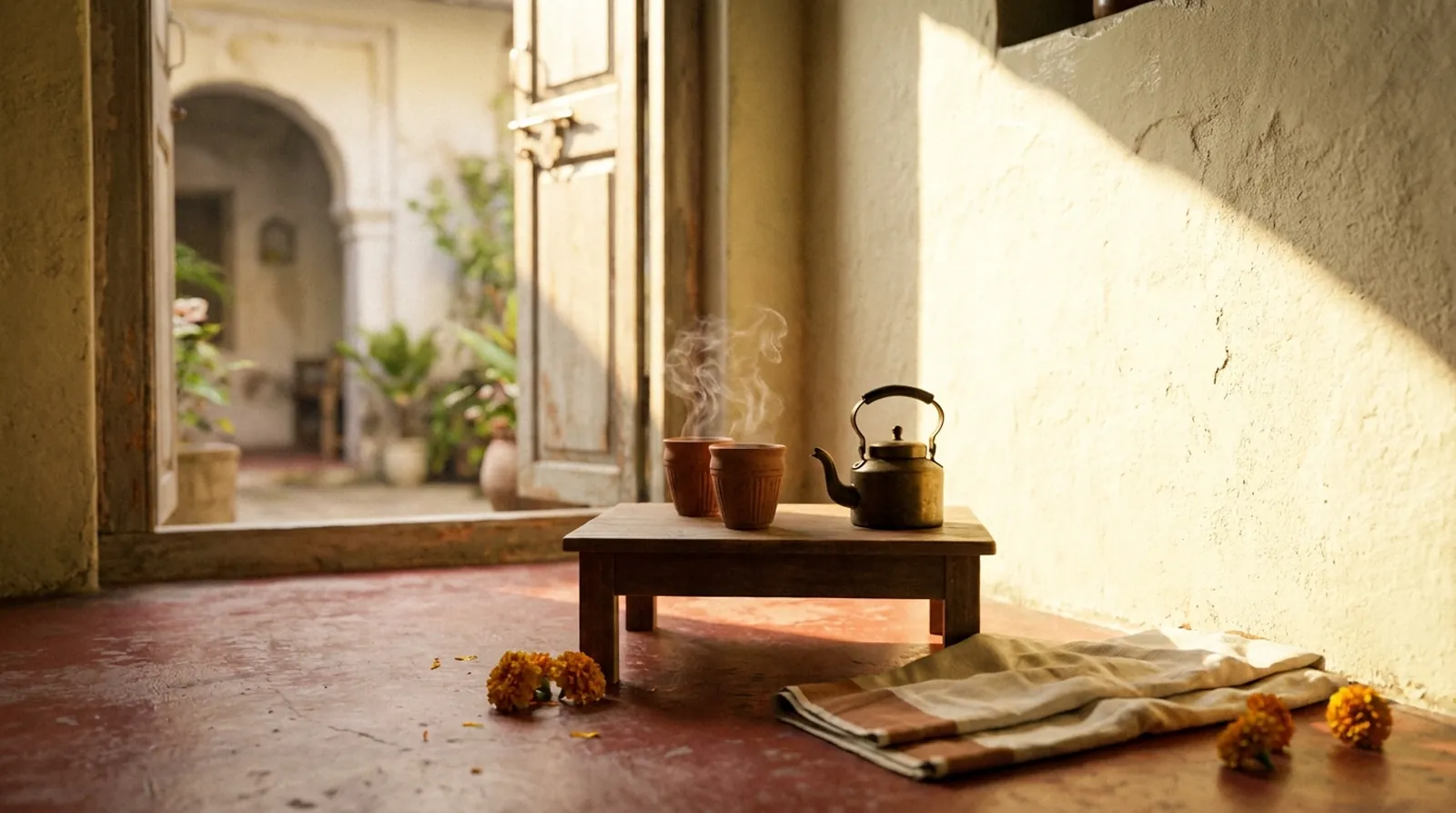 Two clay kulhads and a brass kettle on a low table in a sunlit courtyard