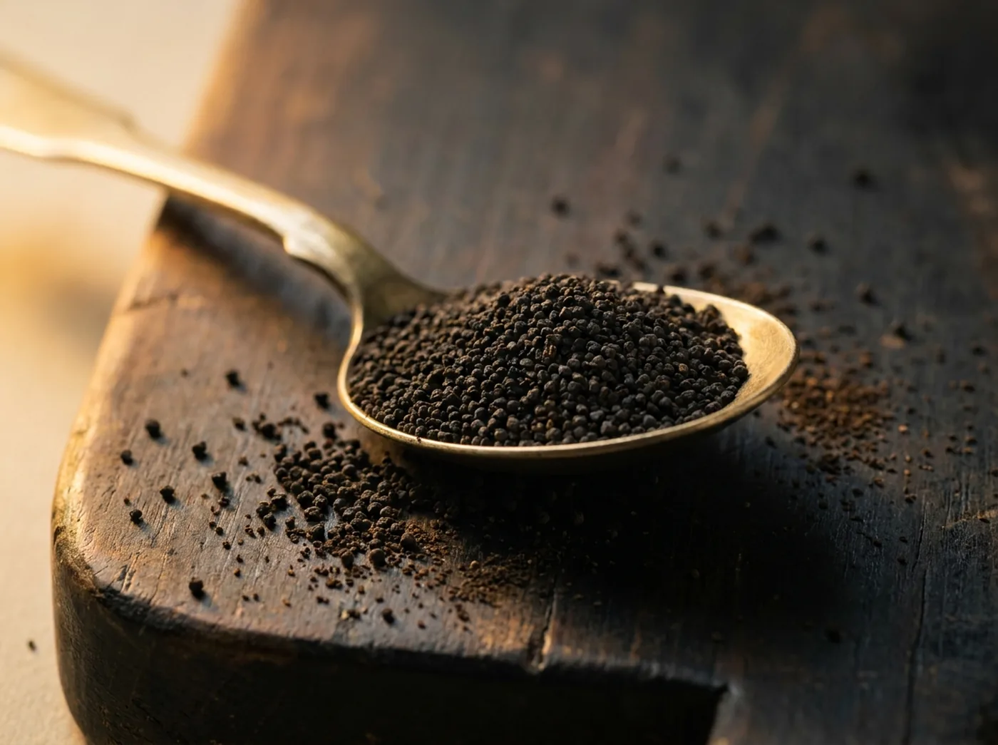 A brass spoon heaped with small black CTC tea granules