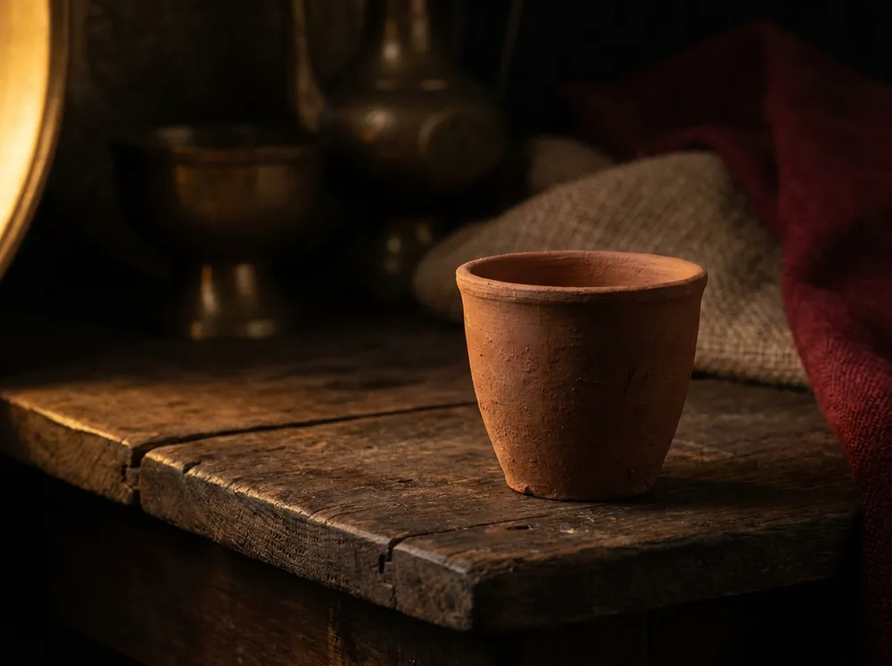 An empty clay kulhad on a dark wooden table