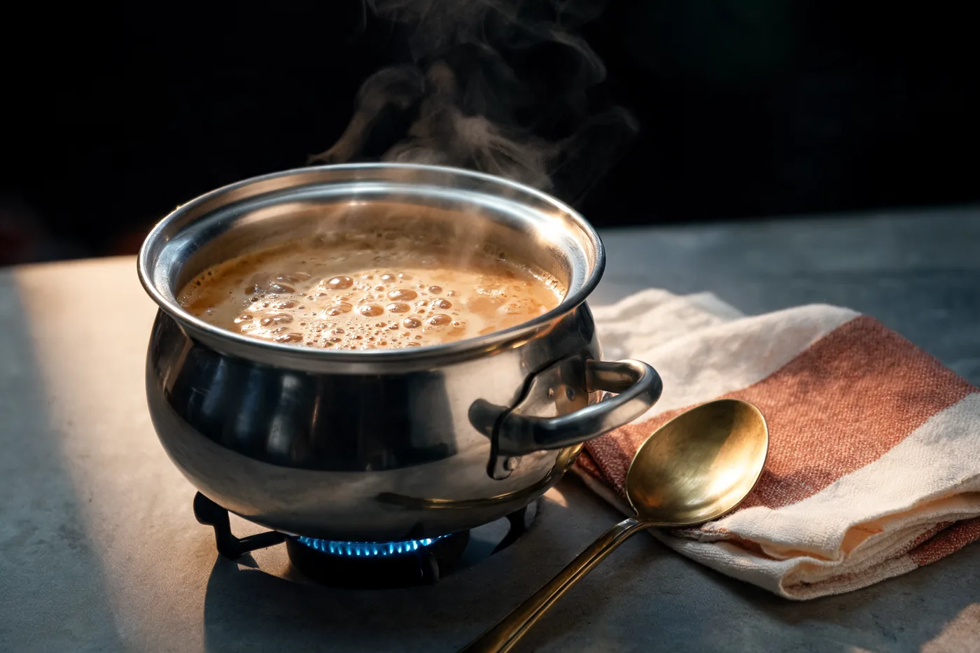 Chai coming to the boil in a steel patila on a low flame