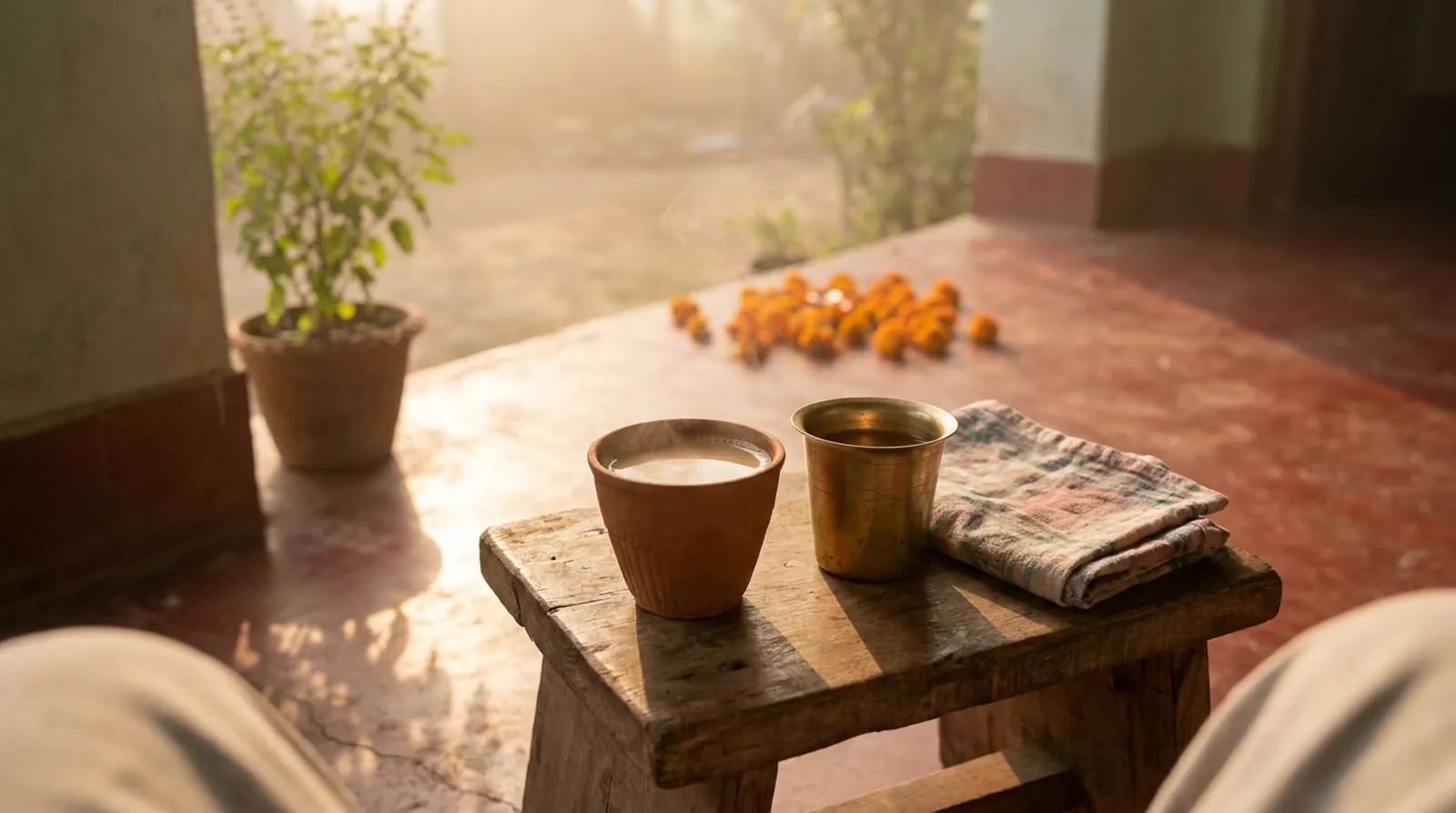 A kulhad of chai and a brass tumbler on a wooden stool on a morning veranda